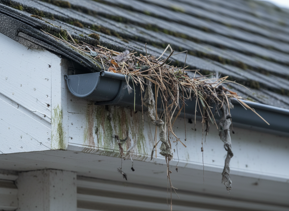 Bird infestation damage on roof - clogged gutters with nesting materials and droppings