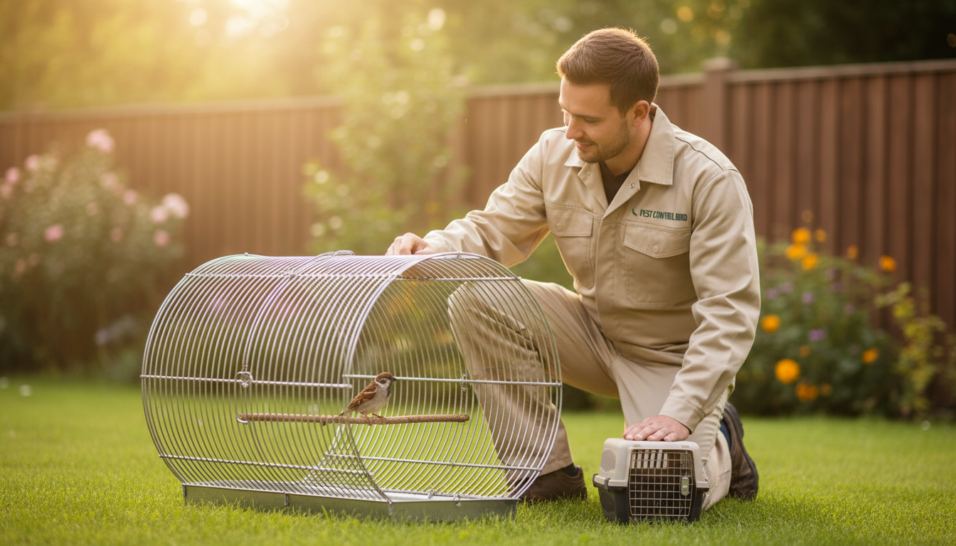 Professional inspecting a humane bird trap for safe removal