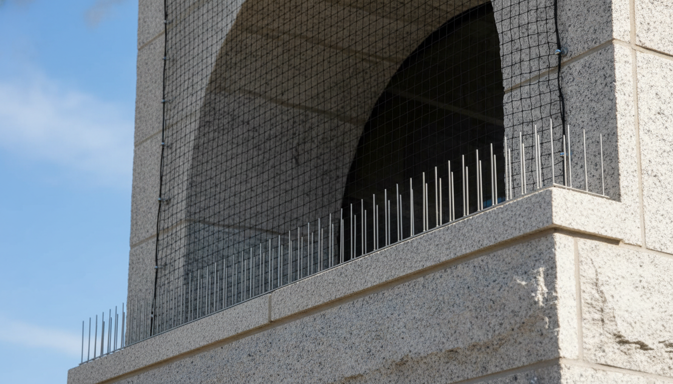 Professionally installed bird exclusion barrier on building