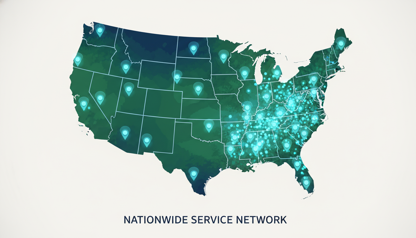 Map showing 150+ service locations across the United States