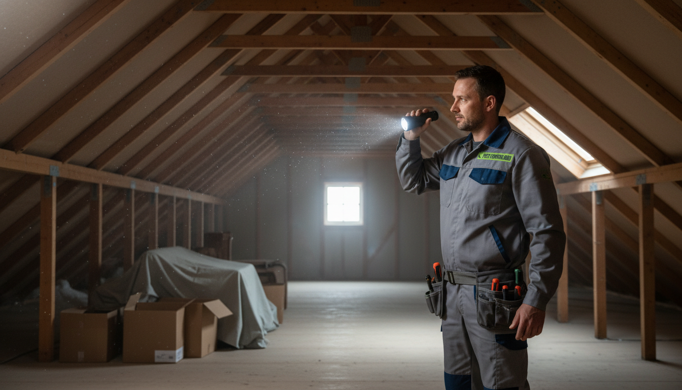 Professional technician performing thorough attic inspection for bird activity